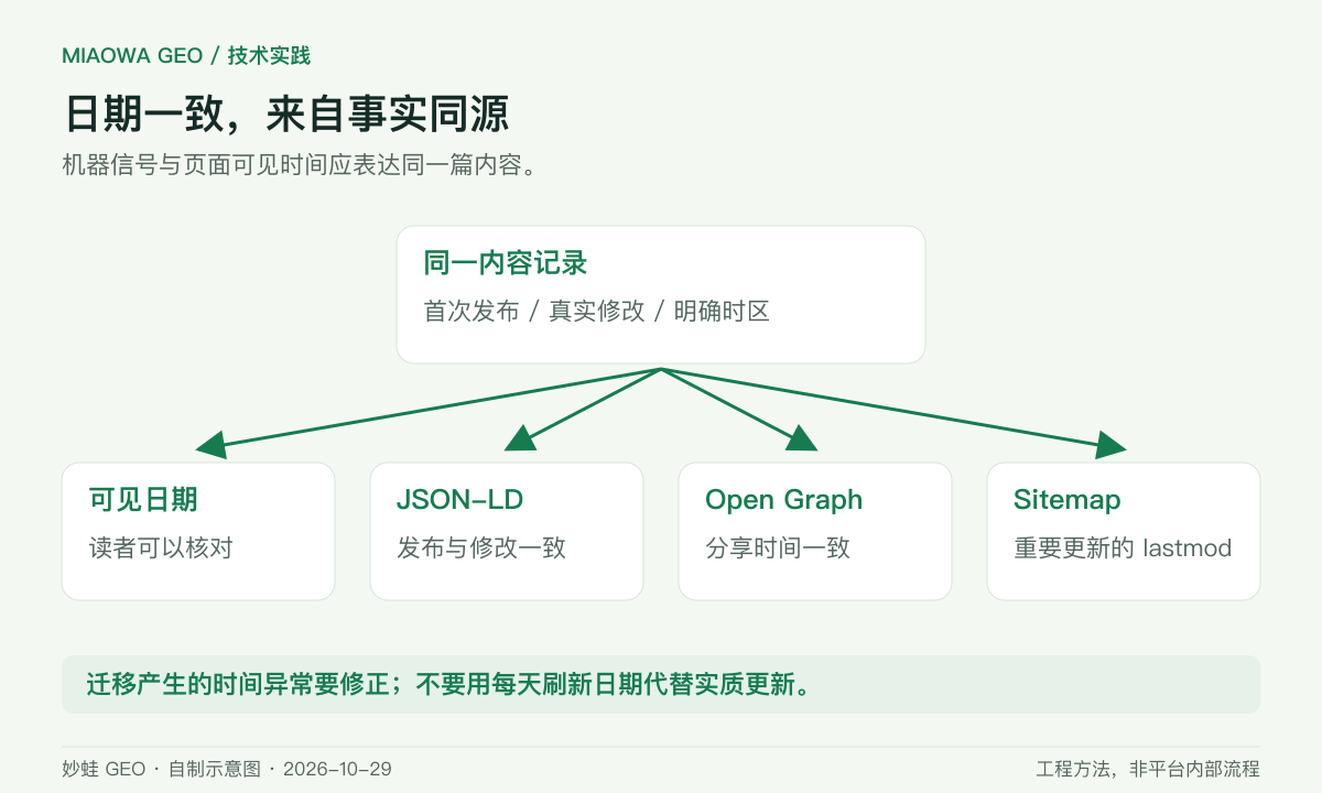一篇文章的时间来自同一内容记录:publishedAt 对应首次发布,updatedAt 对应实质更新;页面、结构化数据、Open Graph 和 Sitemap 统一读取,迁移异常单独修正。