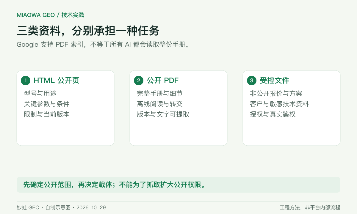 产品资料分三层：HTML 公开页放型号、适用范围与关键参数；公开 PDF 放完整手册及版本说明；受控文件放合同、客户项目与敏感技术资料，并保留鉴权。