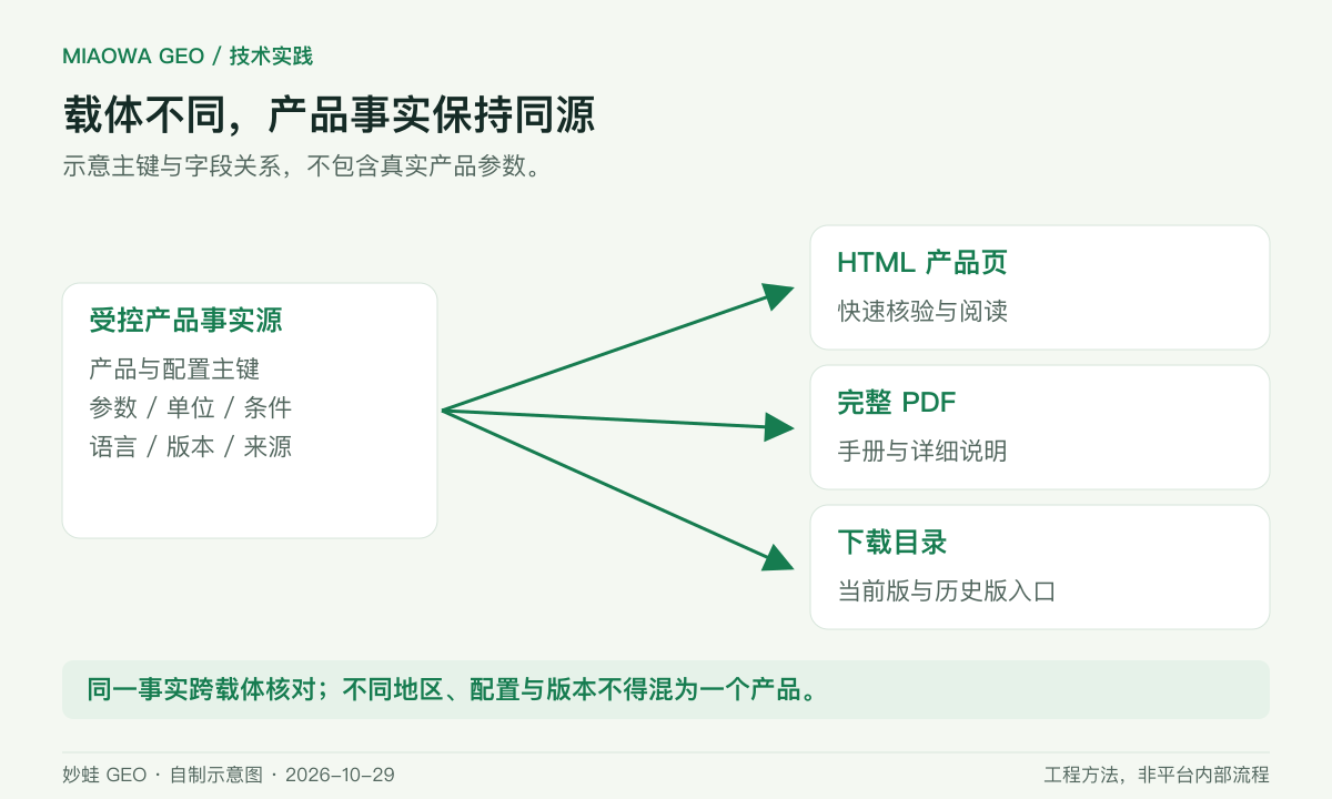 同一产品事实源向 HTML、PDF 和下载目录分发：主键、单位、适用条件与版本一致；发布后逐项回读。载体可以不同，事实口径不能分叉。