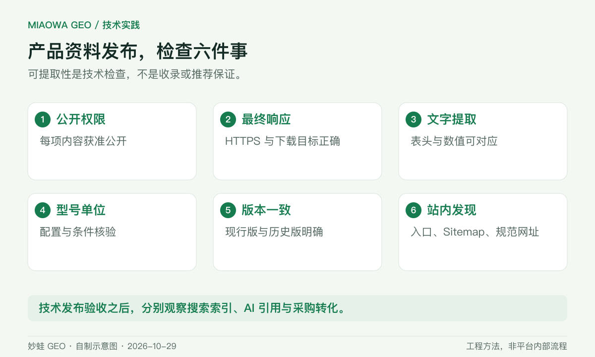 资料发布验收依次核对六项：公开权限、最终响应、文字提取、型号单位、版本一致与站内发现。通过后再分别观察搜索索引和 AI 答案。