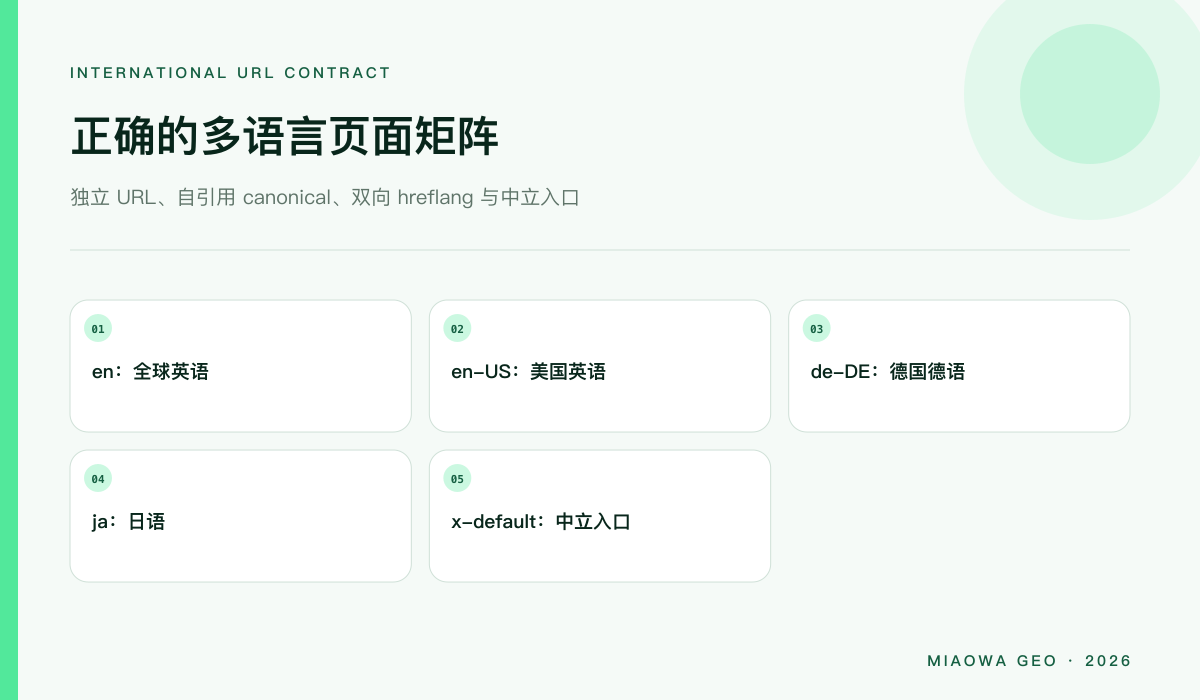 独立语言 URL、自引用 canonical、双向 hreflang 与中立 x-default 组成的正确矩阵