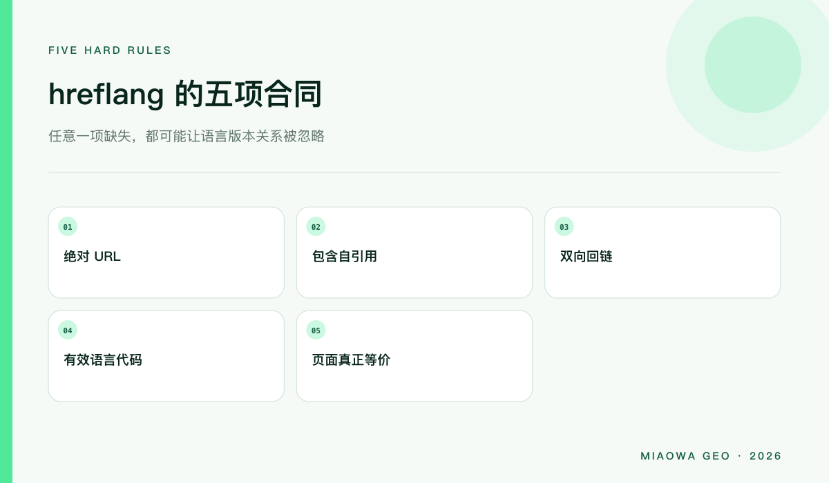 hreflang 的绝对 URL、自引用、双向回链、有效语言代码与等价页面五项合同