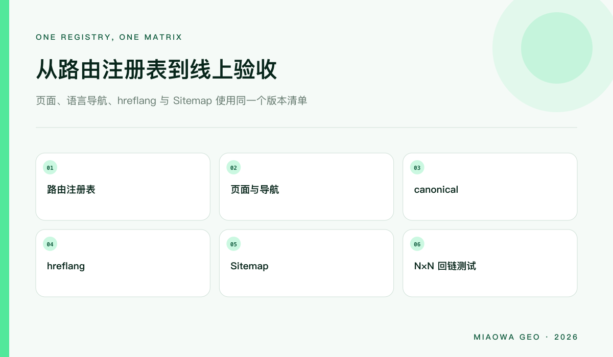 从路由注册表生成页面、语言导航、hreflang 与 Sitemap,再做线上矩阵验收的发布链