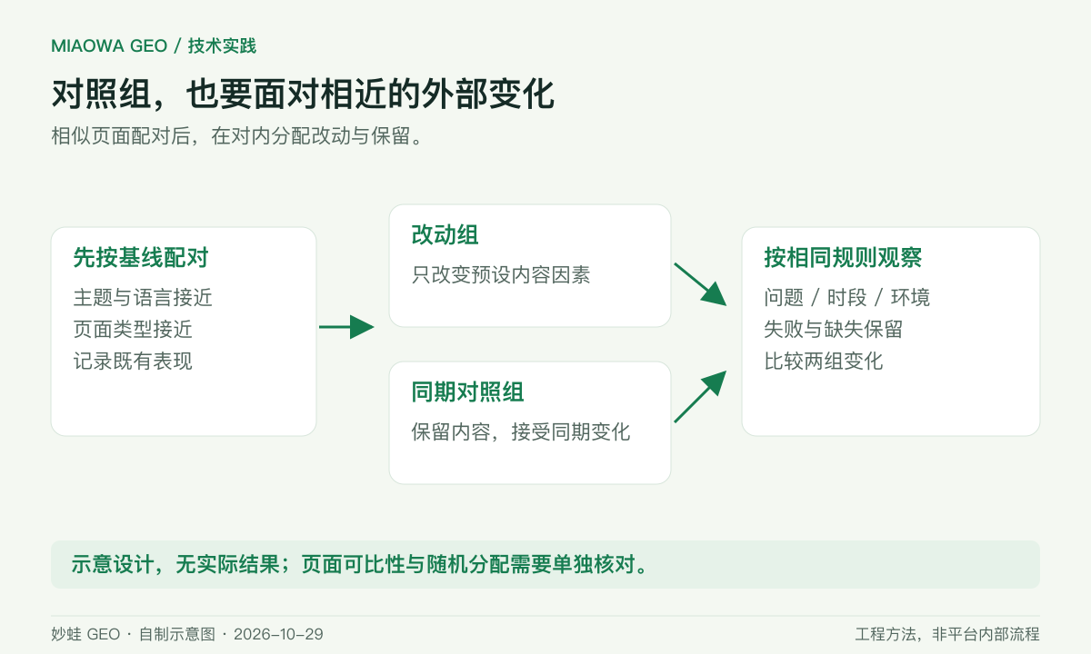 配对对照示意:相近页面先按主题和基线配对,再在每对内分配改动与保留;两组在相近时间、相同问题规则下观察。示意不包含实际样本结果。