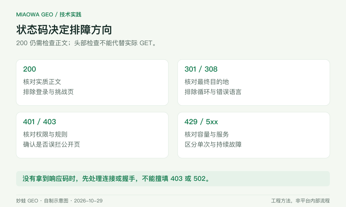 HTTP 排障分四路：200 继续核对正文；301 或 308 检查最终目标；401 或 403 检查权限与规则；429 或 5xx 检查容量、限流和服务故障。没有取得响应码时先处理连接层。